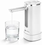 GentleJet Automatic Water Dispenser Pump for 5 Gallon Bottle - Digital Display, Type-C USB Charging, Portable Electric Water Pump, Foldable Spout (White - Silver- Desk Stand)
