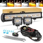 Auxbeam 20" 420W LED Strobe Light Bar, 2Pcs 4" 120W Spot Flood Combo LED Pods, 6 Modes Memory Reset Function Amber White Fog Light Offroad Strobe Lighting