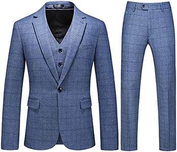 Mens 3 Piece Suits Slim Fit Tweed Suit Plaid Slim Fit Suits for Men One Button Suit Tuxedo Set, Light Blue, Large