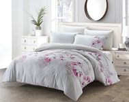 Home Beyond & HB design - Reversible Printed Duvet Cover Set Queen Size - 3 Pieces (1 Duvet Cover with Zipper Closure Corner Ties + 2 Pillow Shames) - Floral and Stripe, Ultra Soft Brushed Microfiber