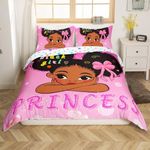 Magical Black Girls Bedding Sets Queen Little Princess Comforter Cover for Kids Toddler Child, Pink Love Hearts Bed Set Afro Theme Queen Duvet Cover, Cute Kawaii American Girl Quilt Cover 3pcs