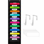 Organization Pocket Chart with 10 Pockets, Hanging Wall File Organizer, 2 Over Door Metal Hangers Included, 10 Dry-Erase White Labels,Organize Your Assignments, Files (Black, 14” x 47”)