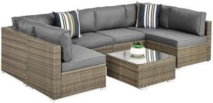 Best Choice Products 7-Piece Modular Outdoor Sectional Wicker Patio Conversation Set w/ 2 Pillows, Coffee Table, Cover Included - Taupe/Cement Gray