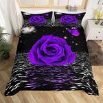 Erosebridal Starry Sky Flower Duvet Cover Twin,Purple Rose Galaxy Bedding Set Glitter Stars Comforter Cover for Girls Women,Dark Night Sun Moon Quilt Cover Romantic Rose Butterfly Bedroom Decor