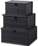 Honygebia Bamboo Decorative Storage Boxes - Set of 3 Woven Lined Storage Basket with Lids, Black Wicker Lidded Baskets for Home Kitchen Shelf Organizer Decor
