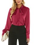 Escalier Women's Silk Blouse Long Sleeve Bow Tie Neck Button Down Shirts Casual Office Work Blouse Tops, Wine Red, Medium