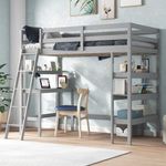 KOTEK Twin Loft Bed with Desk & Storage Shelves, Solid Wood Loft Bed Frame with Bookcase, Ladder, Guardrails, Twin Size Loft Bed for Kids, Teens, Drom, Apartment (Grey)