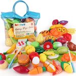 JoyGrow Cutting Toys 32PCS Play Food Fruits Vegetable Kitchen Playset Educational Learning Toy Boy Girl Kid with Handbag Packing (Blue)