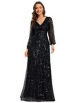 Ever-Pretty Women's Sequin A-Line V Neck Long Sheer Sleeves Tulle Evening Prom Dresses Black 16UK