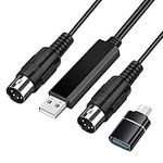 TNP MIDI Cable Set to USB with Type C Adapter 2 in 1 MIDI Piano USB Cord from PC to Keyboard, Synthesizer, Electronic Drum, Electric Blow Pipe, 16 Channels for Windows, Mac, and Android (6 FT)