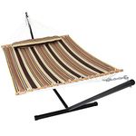 Sunnydaze 2 Person Double Hammock with 12 Foot Portable Steel Stand & Spreader Bar, Quilted Fabric Bed, Sandy Beach