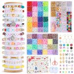 10600Pcs Clay Beads Bracelet Making Kit, 1000Pcs Pendant Charms Kit with Smile Letter Beads, 48 Colors 9600Pcs Flat Round Polymer Clay Beads for Jewelry Making, Girls Friendship DIY Crafts Gift