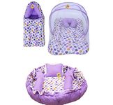 Fareto Baby Sleeping Essential Cotton Reversible Nest, Mattress with Net, Carry Bag (0-6 Months, Total Items: 9, Purple Apple).