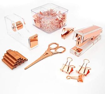 Gutyble Rosegold Office Supplies Set,Package Contains Stapler,Tape Dispenser,Staple Remover,Scissors,Binder Clips,Paper Clips,Push Pins and 1000pcs Staples.Acrylic Office Desk Accessories Kits