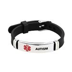 Luluadorn Red Medical Alert ID Bracelet for Mens Women Emergency First Aid Health Alert Adjustable Stainless Steel Silicone Wristband Bracelets (AUTISM)