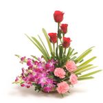 Floralbay Basket Arrangement of 13 Red Roses,Purple Orchids and Pink Carnation Fresh Flowers Can Be Delivered On 7 Feb (Rose Day)