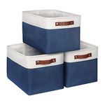 Syeeiex Fabric Storage Basket [3-Pack], Large Baskets with Leather Handles, Storage Boxes for Shelves, Foldable Baskets for Organizing Toys, Clothes, Office (White/Blue), 15inch