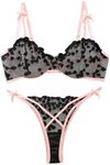 Lilosy Sexy Underwire Cute Push Up Strappy Embroidered Mesh Sheer Lingerie Set See Through Panty Bra, Bow Ties Black and Pink, Small