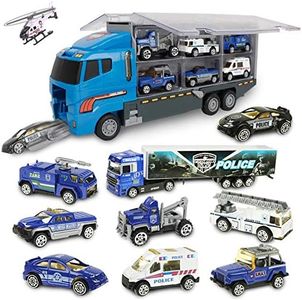 jenilily Police Car Toy Truck Mini Rescue Vehicles Playset in Carrier Truck for Kids 3 4 5 Years Old