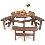 COSTWAY 6/8 Seater Wooden Picnic Table and Bench, Outdoor Dining Table Set with Built-in Benches and Umbrella Hole, Picnic Patio Garden Furniture (6 Seater, 170x170x70cm)