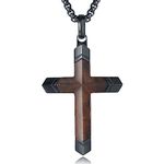 Wooden Cross Necklace for Men, Real Ebony Inset In Black Stainless Steel Christian Wood Crucifix Pendant for Boys, Free Necklace 24" Box Chain