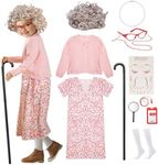 Skirfy Old Lady Costume for Kids, 100 Days of School Granny Outfit Kit with Wig, Dress, Glasses, Cane and Other Dess Up Accessories for Girls for School Celebration or Halloween