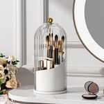 YOOLENS Makeup Brush Holder Organizer with Lid,360 Rotating Clear Dustproof Makeup Brushes Organizer for Vanity Desktop Bathroom Countertop , Transparent,White (Y002)