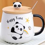 BonZeal Ceramic Birthday Gift for Kids Children Happy Time Panda Mug with Lid Spoon Printed Tea Coffee Cup Gift for Boys Girls, Gift for Birthday, Mugs for Coffee, Gift for Friend 400 ml