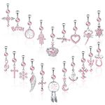 Junkin 20 Pcs 14G Dangle Belly Button Ring, Dangling 316L Surgical Navel Rings Cubic Zirconia Belly Piercing Jewelry(Silver and Pink)