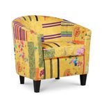 Gold Multicoloured Patchwork Fabric Tub Chair - Funky Occasional Accent Chair Armchair for Bedroom Living Room Conservatory Lounge Small Spaces , Single Bucket Chair for Adults , Striped Floral