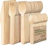 MATANA - 400 Mini Disposable Wooden Cutlery Set Eco-Friendly 100% Natural Wood - 100 Forks, 100 Knives, 100 Spoons, 100 Teaspoons - Biodegradable & Compostable