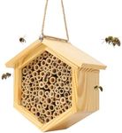 Mason Bee House Native Bee Hive Hexagon Bee House Natural Handmade Wooden Mason Bee Box Habitat Home Hotel with Bamboo Tubes - Attracts Peaceful Bee Pollinators to Enhance Your Garden's Productivity