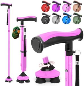 BeneCane Walking Cane for Men & Women Walking Stick for Seniors Folding Canes Quad Cane Adjustable Lightweight Sturdy Free Standing Collapsible Heavy Duty with Soft TPR T-Handle and Travel Bag Pink