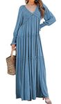 R.Vivimos Maxi Dress for Women Long Sleeve V Neck Empire Waist Layered Ruffle Boho Casual Flowy Long Dresses, Blue, Large