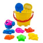 WISHKEY Sand Game Castle Building Plastic Beach Toy Set for Kids Summer Fun Creative Activity Playset & Gardening Tool with Fishes, Elephant & Bucket (Pack of 10, Multicolor)