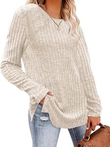 Yutdeng Jerseys Mujer Sueter Mujer Manga Larga Cuello Redondo Jersey de Punto Invierno Otoño Jersey Fino Rayas Sweater Pullover Jersey Basico Camiseta Jerséis para Mujer Suéter,Beige,S