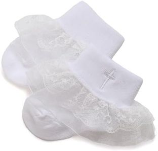 KESICI Baptism Socks for Baby Girls, White Newborn Baby Girls Baptism Socks with Cross & Eyelet Frilly Lace, Turn Cuff Baby Christening Socks,White 0-6 Months Infant