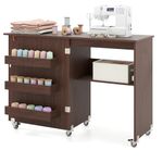 COSTWAY Folding Sewing Table, 2-in-1 Rolling Craft Table with Storage Shelves and Lockable Casters, Space Saving Sewing Machine Cabinet Computer Desk (Brown)