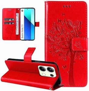 Dcjlbo Coque pour Xiaomi Redmi Note 13 4G Etui Coque Portefeuille Cuir avec Motif Porte Carte à Rabat Magnétique Clapet Housse Protection Flip Case Cover Étui Coque pour Redmi Note 13 4G-Rouge