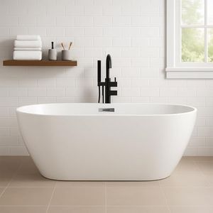 59" Acrylic Freestanding Bathtub, Modern Deep Soaking Tub, cUPC Certified Free Standing Tub, Chrome Drain/Overflow, White Acrylic, Flora White