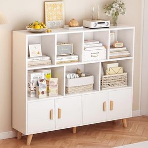 OSCHF Cubby Shelf Bookcase with Doors - Wooden 11 Cube Floor Standing Open Bookshelf with Solid Wood Legs, 3-Tier Storage Cabinet, Warm White