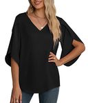 Yommay Women's Chiffon Blouse Ladies Tops Elegant Casual Loose 3/4 Ruffled Split Sleeve V Neck Summer Blouse Shirts(Black,X-Large)