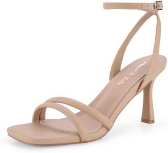 Shoe'N Tale Strappy Heels for Women Sexy Stilettos Summer Heeled Sandals High Heel Ankle Buckle Square Toe Dressy Shoes, Nude, 7.5