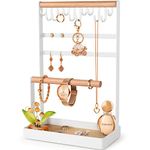 PAMANO Jewelry Stand Earring Organizer, 5-Tier Necklace Holder with Ear Stud Holes Wooden Ring Tray, 12 Hooks Bracelet Hanging Storage Rack for Necklaces Earrings Rings Watches on Dresser