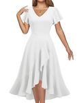 DRESSTELLS White Formal Dresses for Women Bridesmaid Wedding Guest Cocktail Holiday Tea Party Dress 2024 Winter Fit Flare V Neck Ruffle Dresses White L