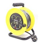 15 Metres Four Socket Open Cable Reel Extension Lead with Winding Handle 13A 4 Socket Thermal Out and Power Switch High Visibility Cable