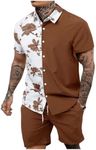 OYOANGLE Men's 2 Piece Vacation Outfits Tropical Hawaiian Button Down Shirt and Shorts Set Brown Medium