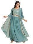 madhuram textiles Women's Georgette Lehenga And Choli With Long Shrug Set For Solid With Heavy Embroidery Work Set(M-2410 Turkish Green_4X-Large)