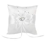 Pillow Ring Cushion, Square Shape Wedding Ring Pillow Romantic Bridal Double Heart Ribbon Cushion Decor Engagement Ring Cushion Pillow Holder for Beach Wedding Party Ceremony(White)