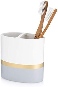 Essentra Home Day and Night Collection White and Grey with Gold Stripe Toothbrush Holder